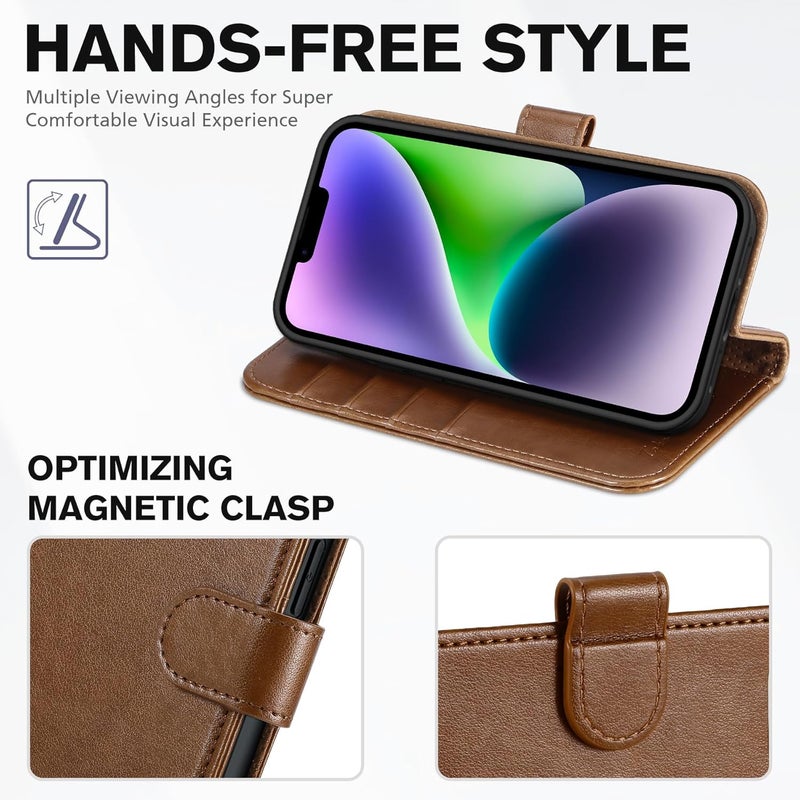 TUCCH Wallet Case for iPhone 14 6.1", Flip PU Leather Magnetic Protective Cover with [RFID Blocking] [4 Card Slots] Stand [TPU Interior Case] Compatible with iPhone 14 6.1, Brown - Image 4